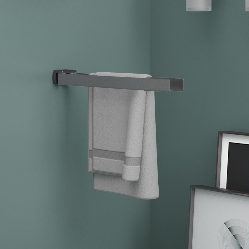 product lifestyle image of Origins Living Pirenei Gunmetal Double Swing Towel Rail mounted on a wall with a towel hanging on it PI23-81